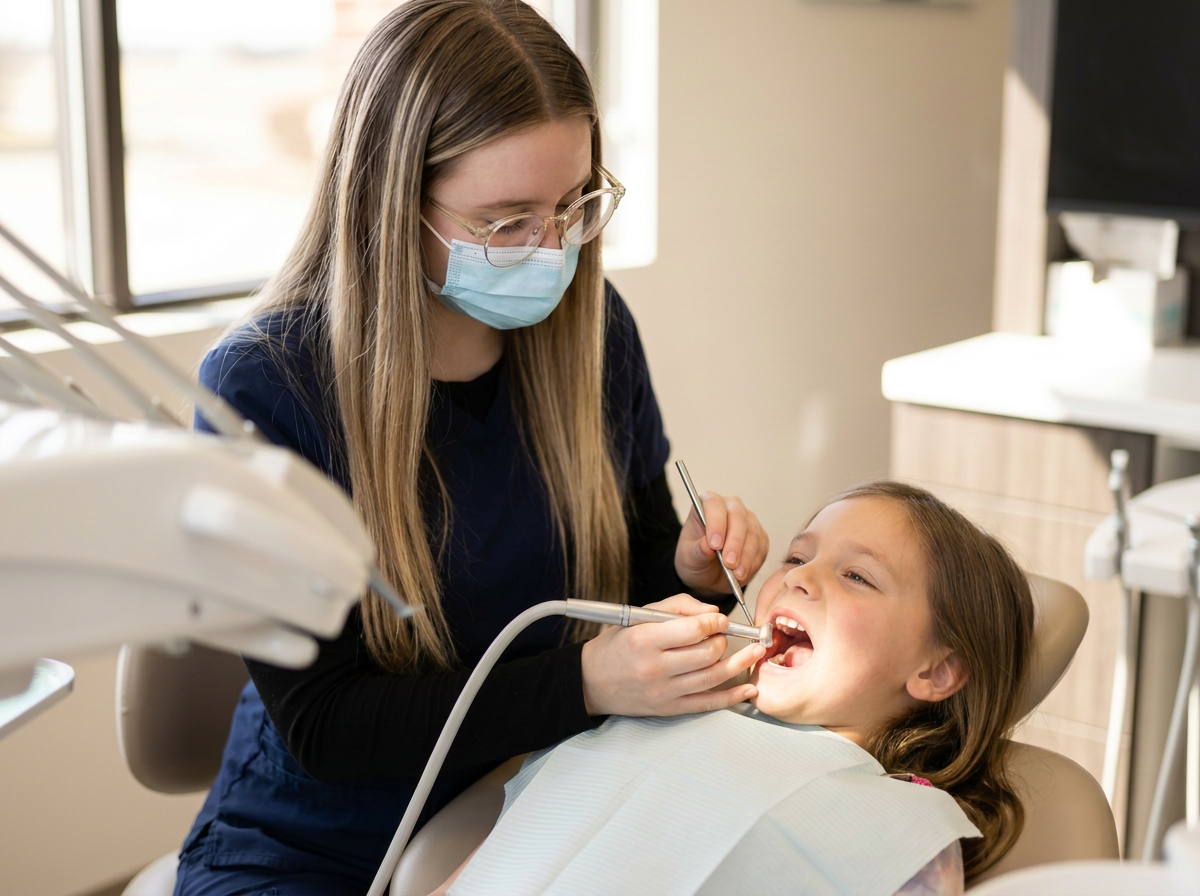 Abby, dental hygienist at Dynamic Dental, cleaning a young patient's teeth in Watertown, SD